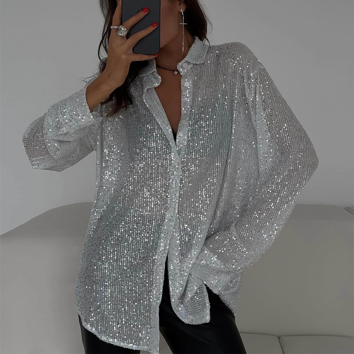 Spring Summer New European And American Sequin Top With Turn-down Collar, Long Sleeve Cardigan, Basic Cross-border Women's Shirt Jacket