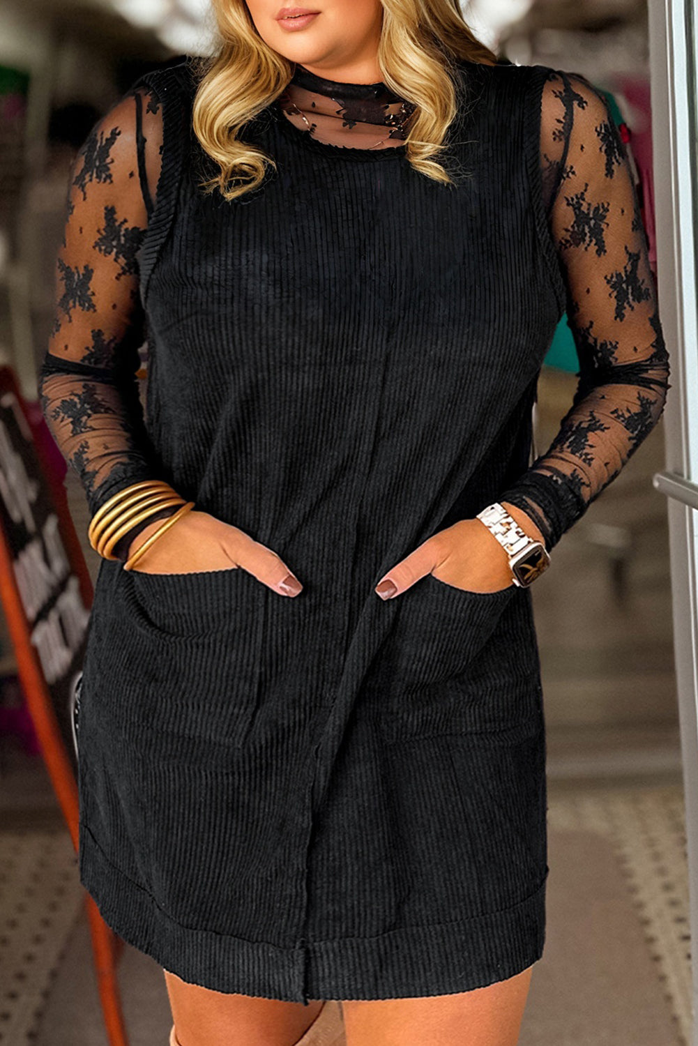 Minivestido Negro Sin Mangas de Pana Talla Grande con Bolsillos de Parche