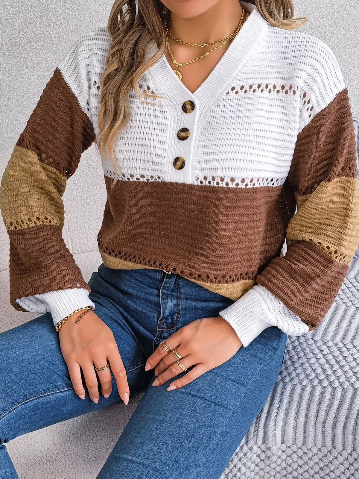 Color Block Striped V-Neck Button Detail Sweater