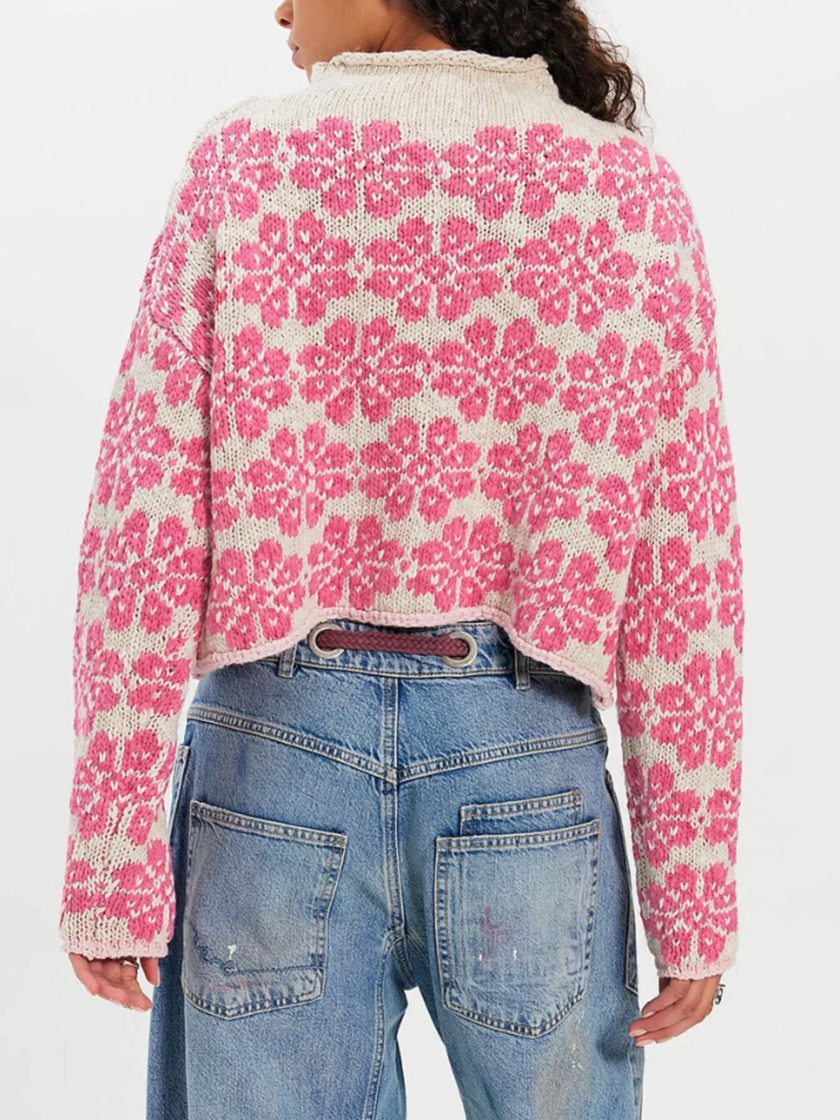 Floral Contrast Trim Dropped Shoulder Sweater