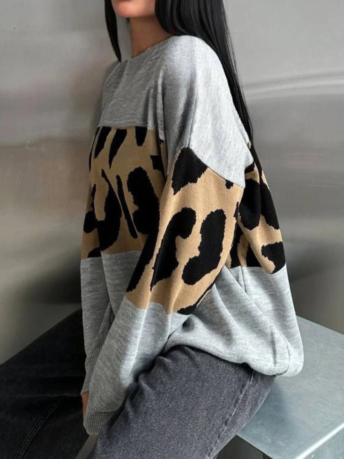 Leopard Color Block Round Neck Sweater
