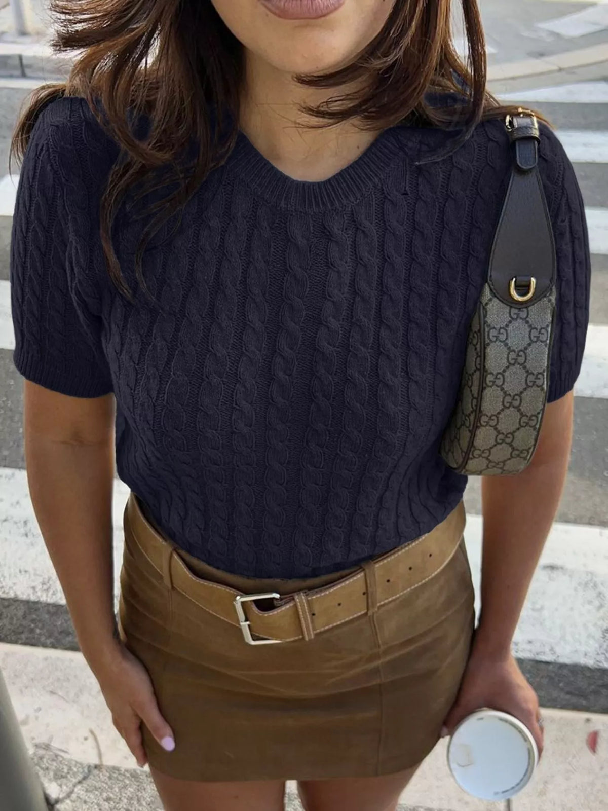 Cable-Knit Short Sleeve Sweater