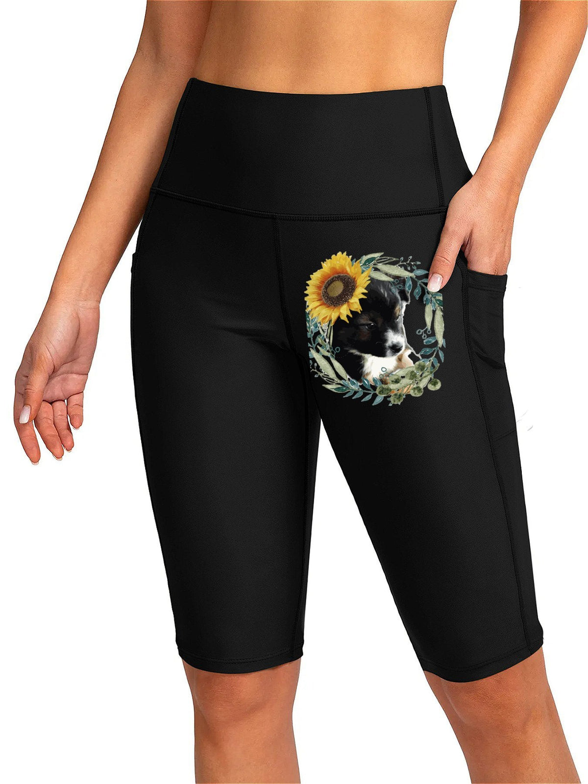 Cute Black Puppy Women's Knee-Length Swim Shorts (Front Printing)