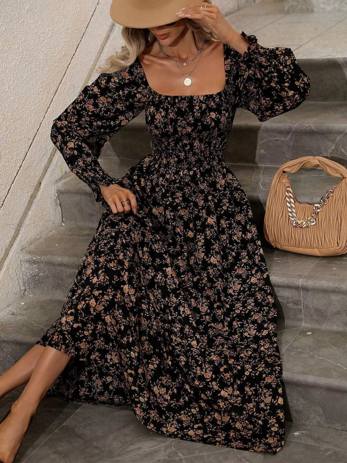 Floral Print Square Neck Smocked Midi Dress