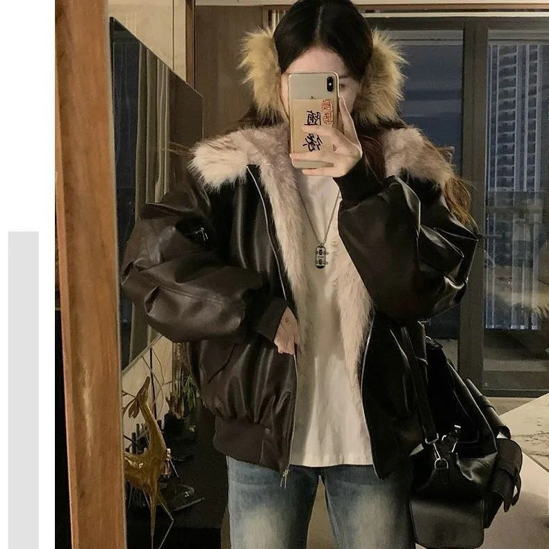 Thickened Warm Leather Short Jacket With A Mountain Eagle Fur Collar