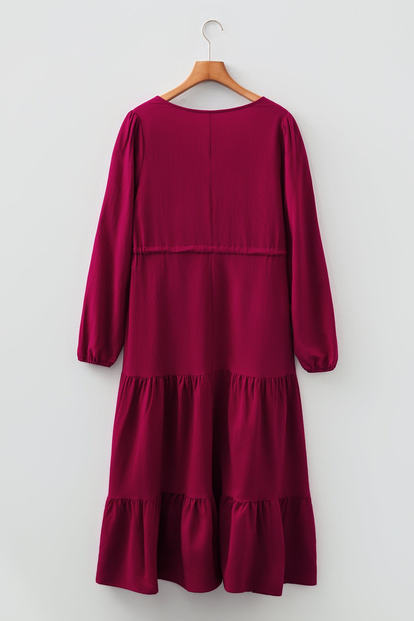 Vestido maxi escalonado con cuello en V y botones de manga larga, liso, verde negruzco