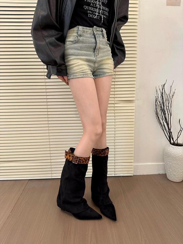 Women's Retro Western Slimming Belt Buckle Middle Boots