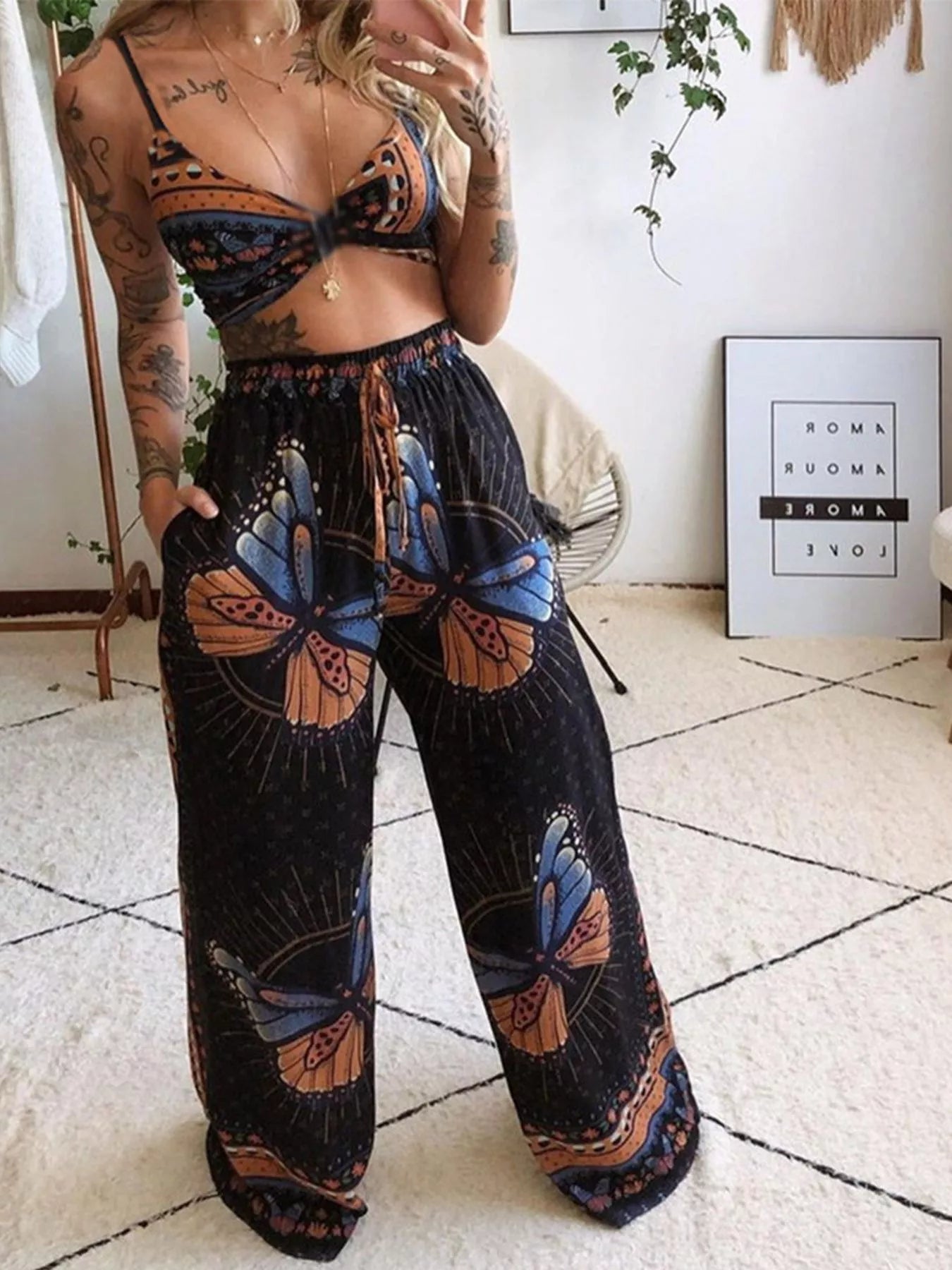 Conjunto de Top y Pantalones con Estampado Mariposa Bohemio