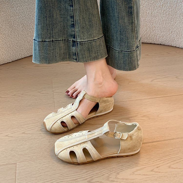 2026 New Chinese Retro Hollow-out Half Cover Toe Sandals For Women, Spring & Summer T-strap Flat Lightweight Roman Shoes
