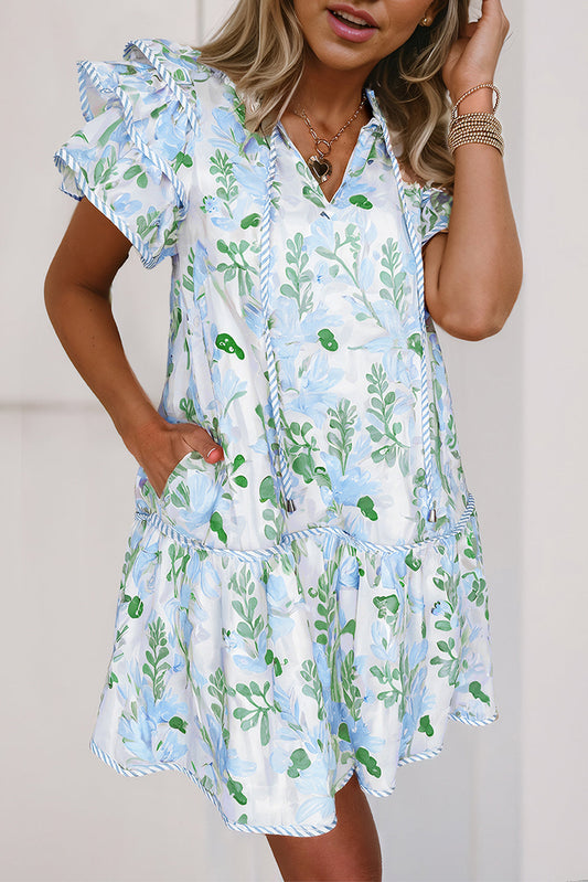 Minivestido de manga corta con capas y ribete en contraste floral azul cielo