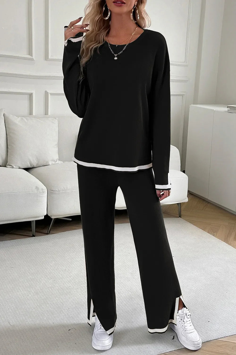 Conjunto de blusa con cuello redondo y pantalón Devine Contrast Trim