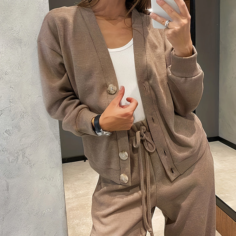 Cárdigan de punto casual con bolsillo y pantalón de salón con cordón ajustable
