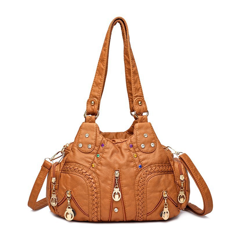 Washed Mother Bag with Rivets and Diamond Details
