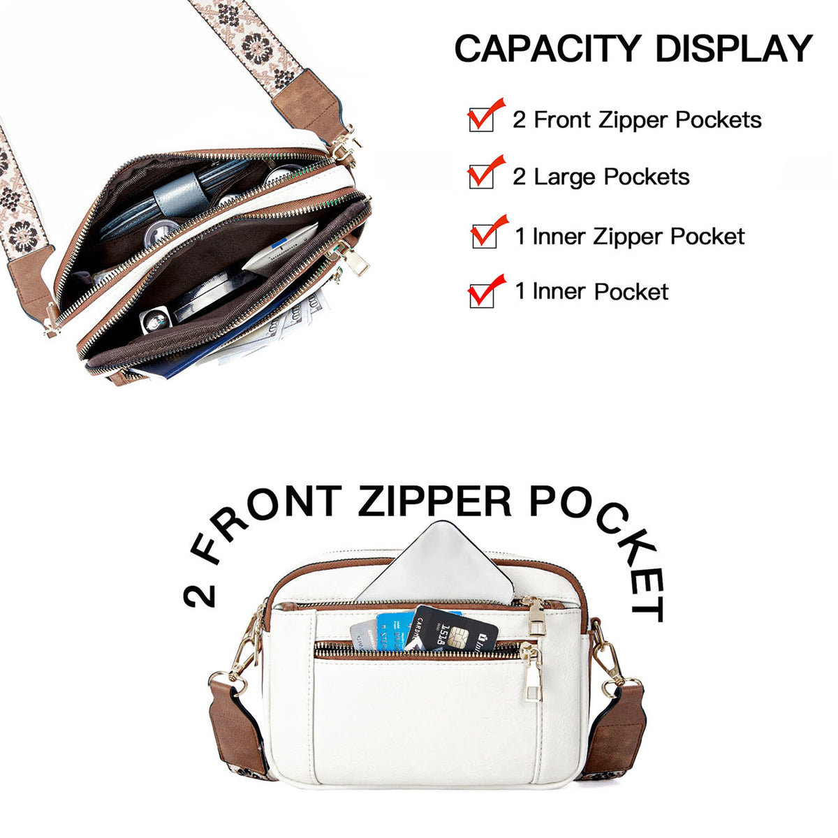 Women's Triple-Zipper Crossbody Bag with Floral Embroidered Strap