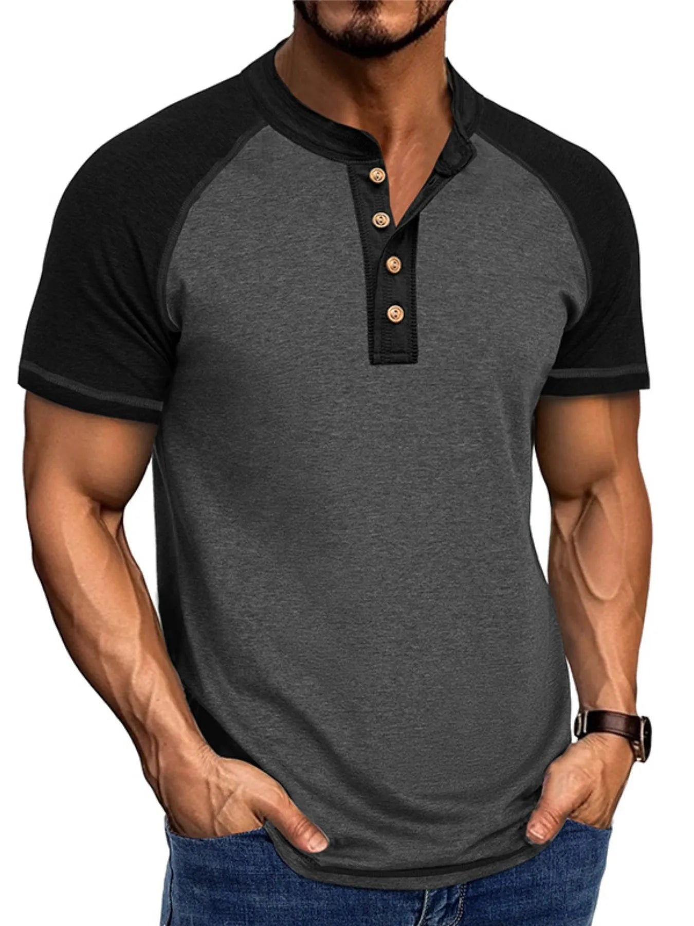 Camiseta Henley Raglán para Hombre con Bloques de Color