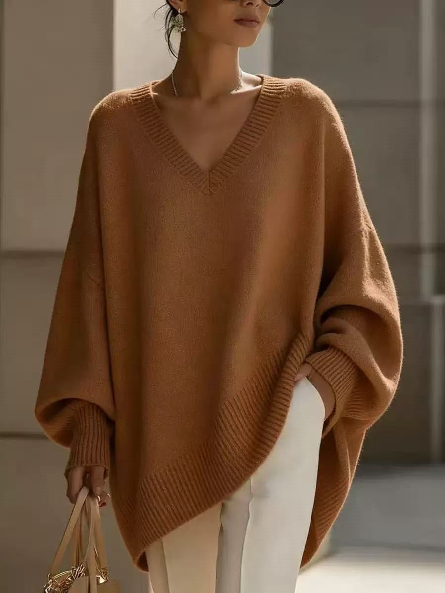 Women's V Neck Oversized Knit Sweater, Long Sleeve Solid Color Lazy Style Loose Asymmetric Hem Pullover Top For Spring Daily Wear