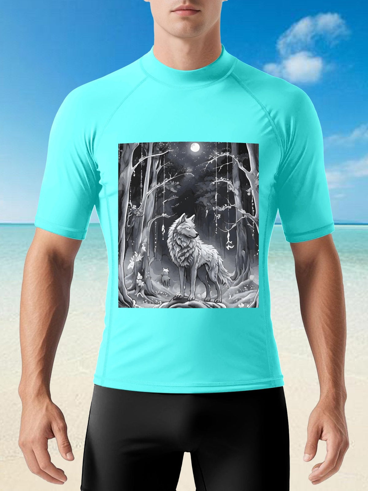 Ethereal Wolf in the Moonlight Men's Short-Sleeve Surfing Top (Front Printing)