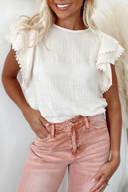 Blusa Blanca Arrugada de Capas con Volantes y Mangas con Vuelo