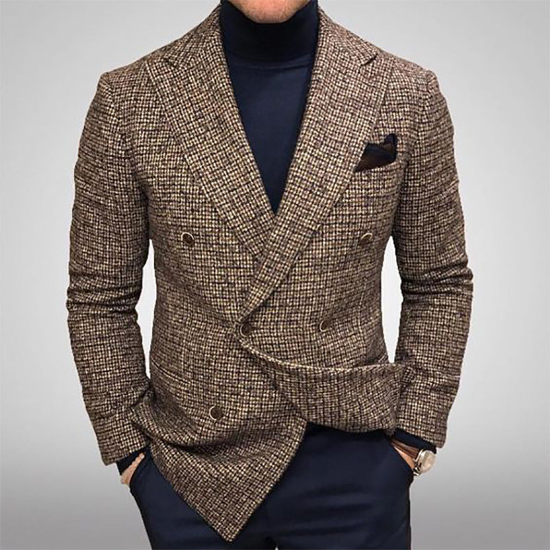 Men's Blazers Slim Fit Plaid Suits Jackets Male Long Sleeve Double-breasted Outerwear Business Casual Coats