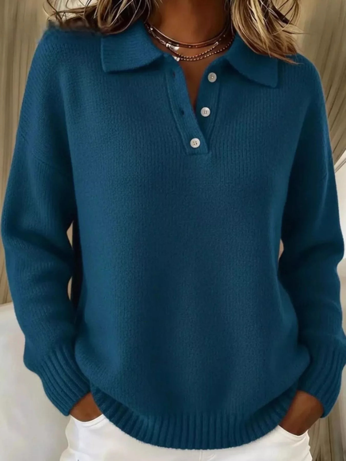 Full Size Half Button Collar Drop Shoulder Sweater Plus Size