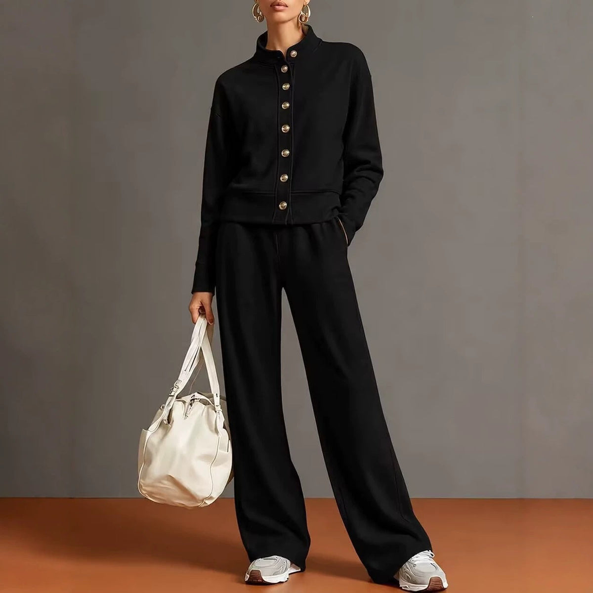 Women's Stand-Collar Button Cardigan & Wide-Leg Pants Set