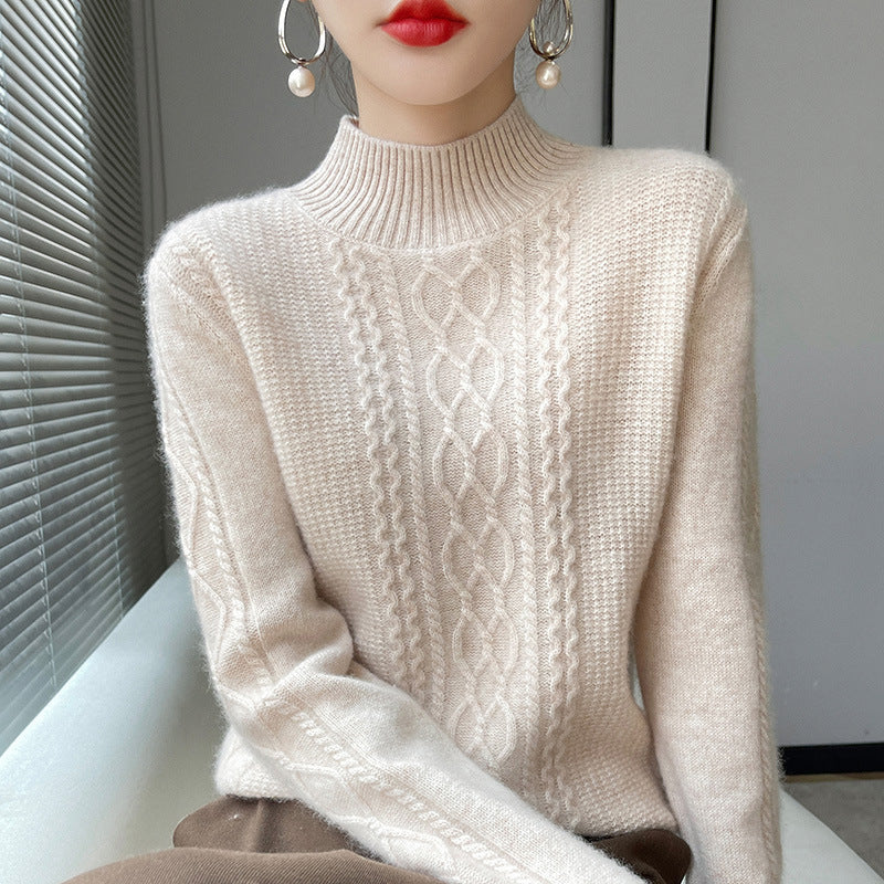 New Fall Winter Women Thick Knit Sweater, Mock Neck Cable Pattern Loose Fit Pullover, Casual Warm Basic Long Sleeve Underwear Top