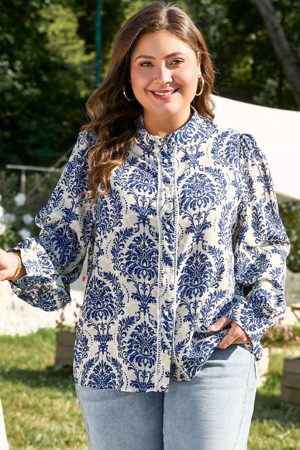 Love Salve Tribal Print Plus Shirt Sky Blue — Versatile Woven Top