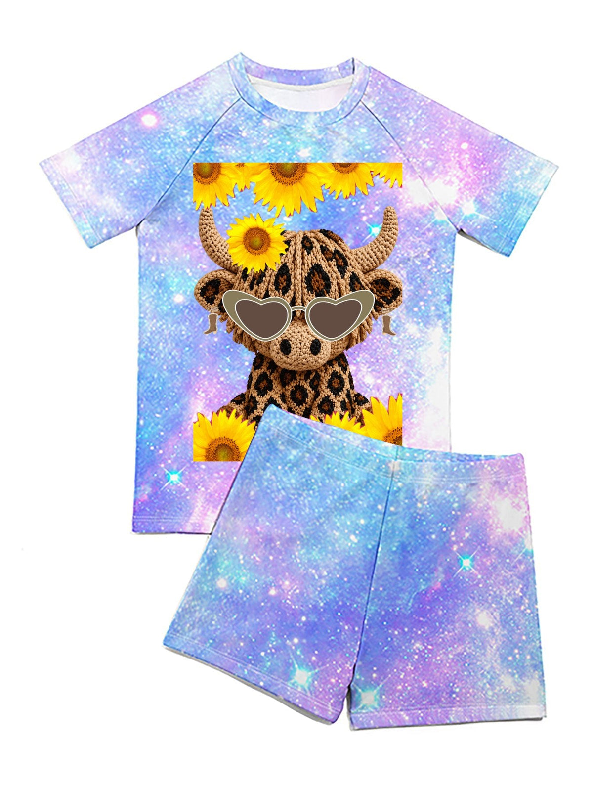 Yarn Highland Cow with Sunflowers Short Sleeved 2-piece Swim Set for Children