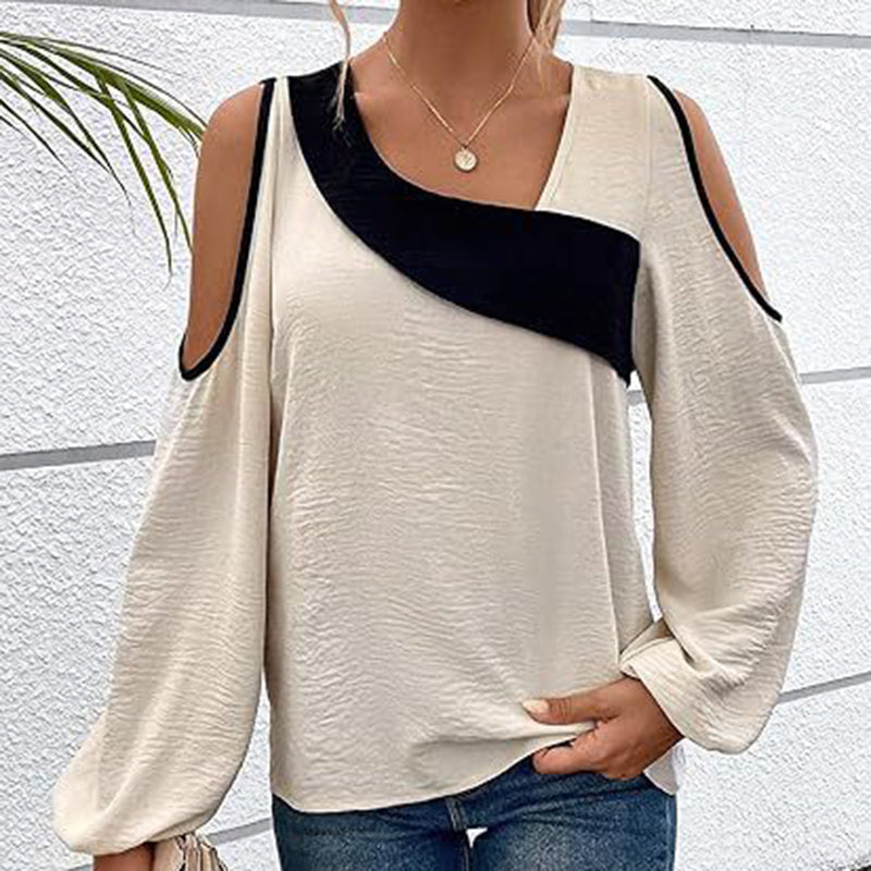Women's Cold Shoulder Color Block Long Sleeve Tee Shirt Casual Going Out Top See size chart under “more details”