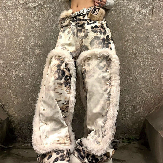 Vaqueros de mezclilla de retazos de felpa con estampado de leopardo retro estilo americano para mujer. Consulta la tabla de tallas en "más detalles".