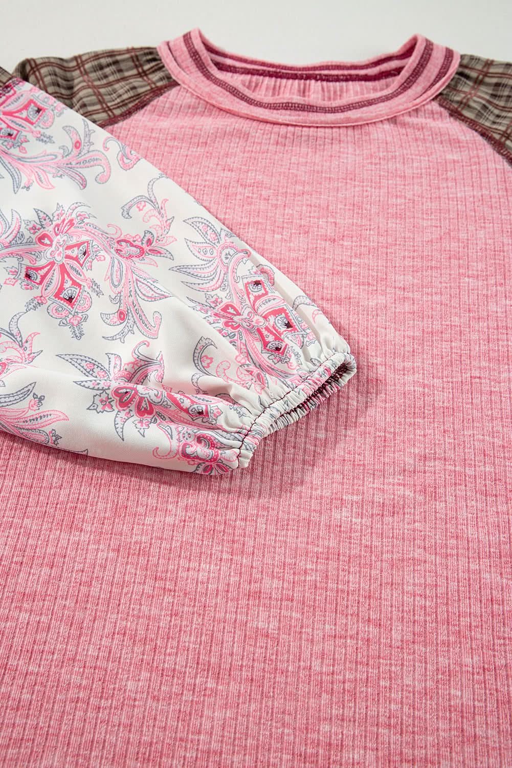 Sweaters Love Salve Fushia Patchwork Top Women's Casual Knit Top: Ribbed & Raglan