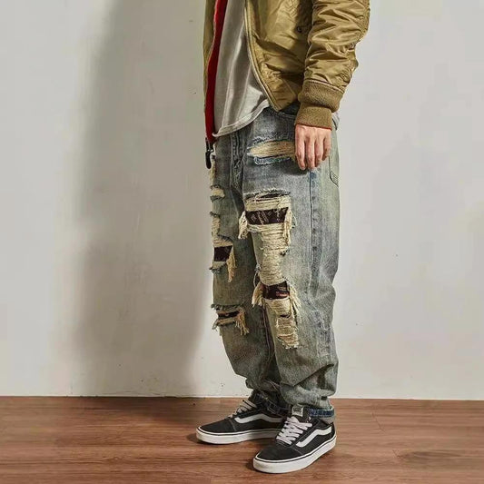 Men's Loose Straight Tapered Distressed Broken Holes Jeans
