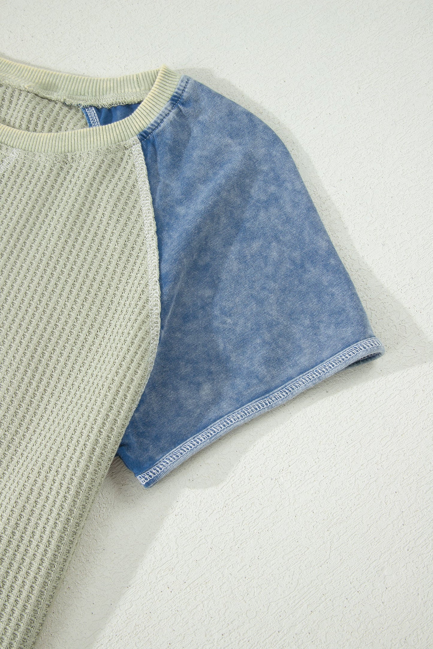Carbon Grey Waffle Knit Seam Detail Color Block Patchwork Short Sleeve Top