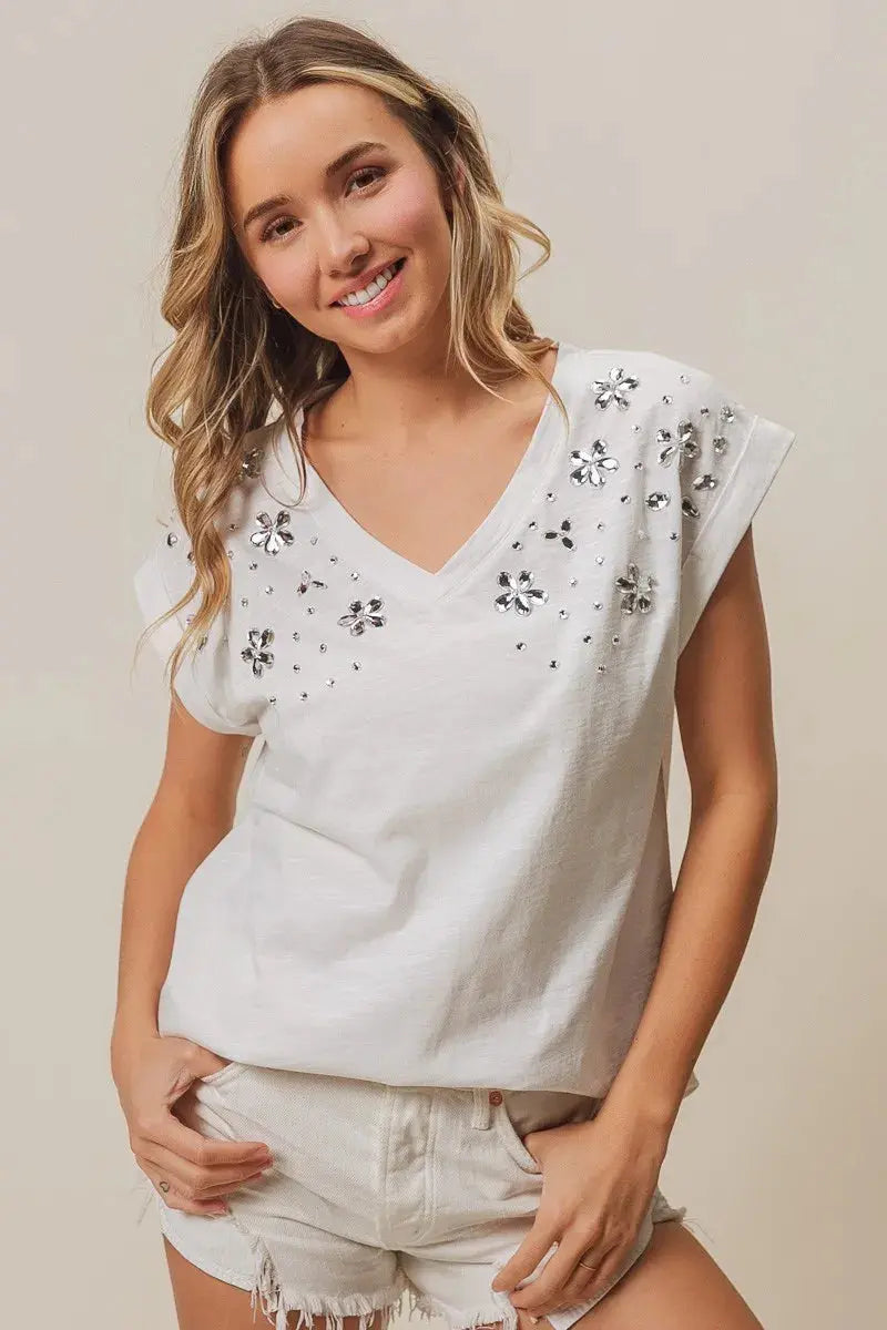 Women's Tops Women's Top - Slub Rhinestone V-Neck - Comfy Fit