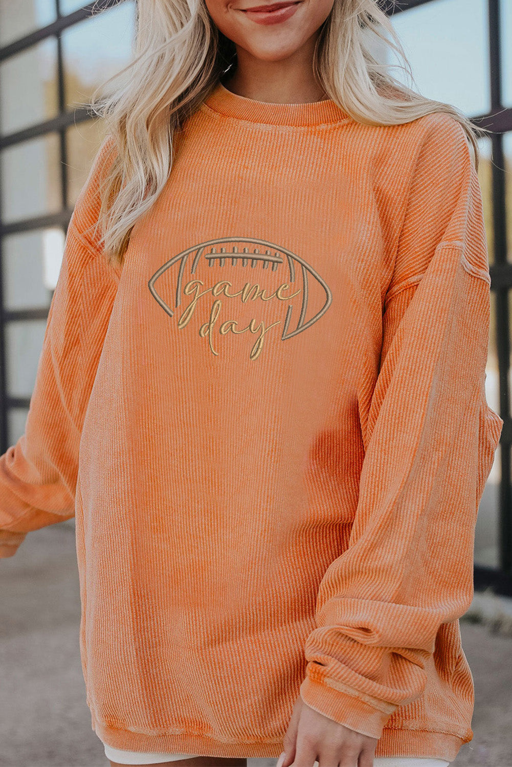 Sudadera de pana bordada "Día de partido de rugby" naranja
