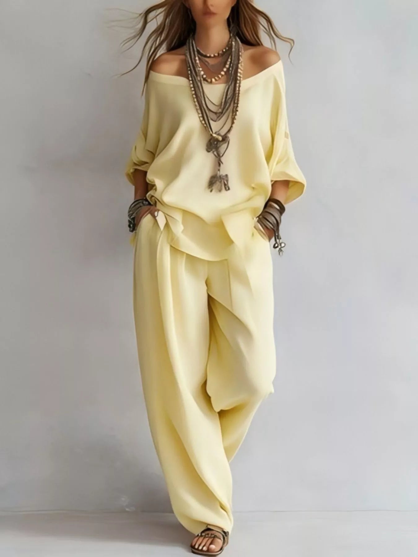 Off-Shoulder Loose Fit Top and Pants Two-Piece Set