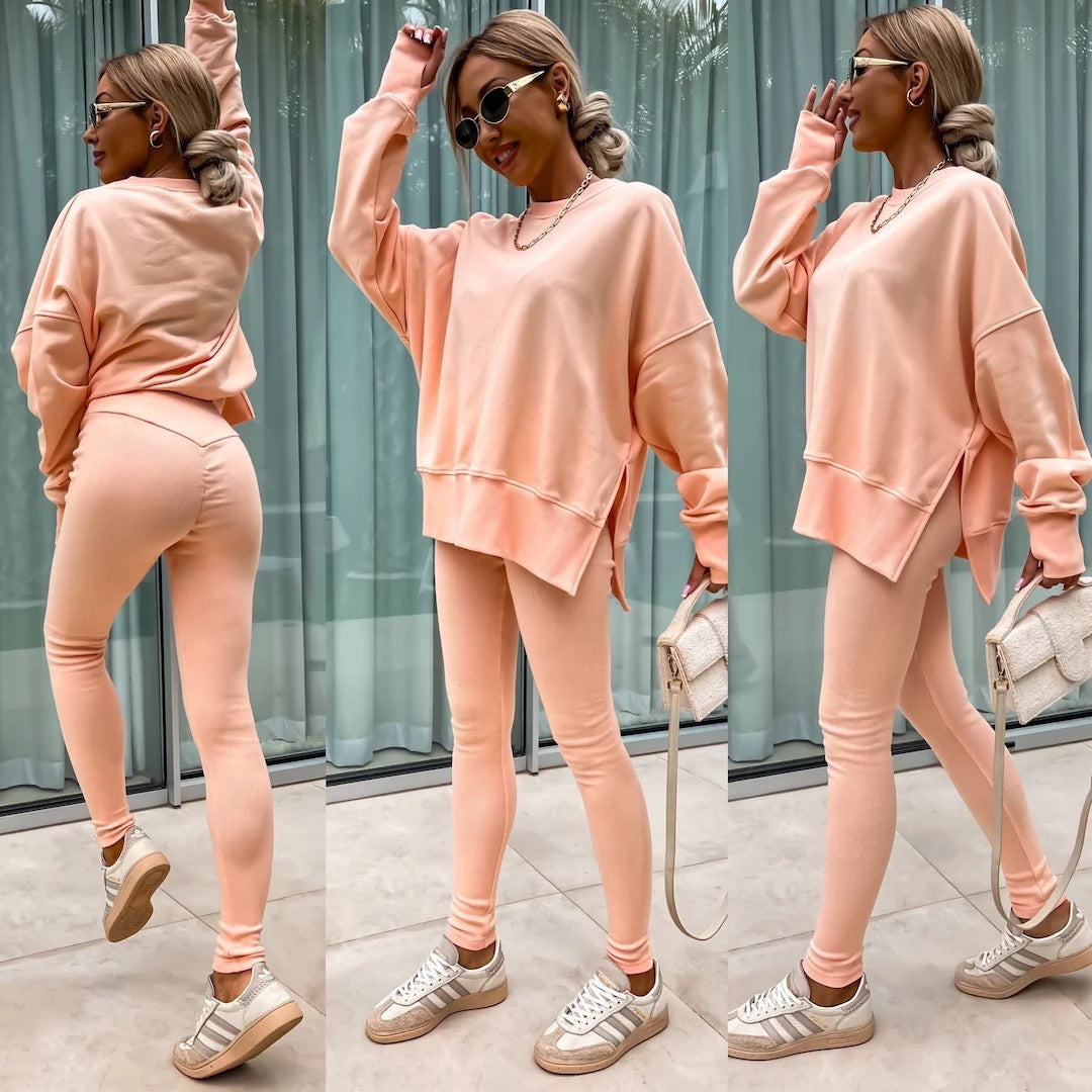 Traje de suéter informal para mujer – Conjunto de top suelto con aberturas y pantalones ajustados