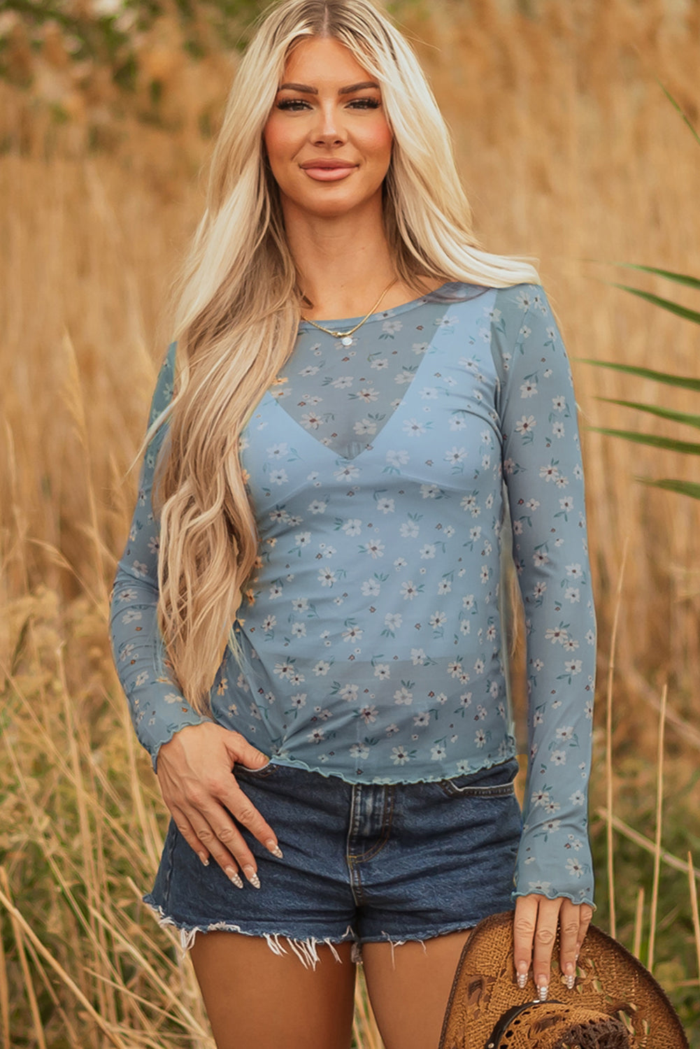Top de manga larga de malla estilo sureño con estampado floral vintage azul cielo