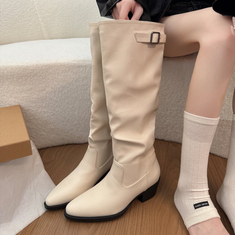 Sharp Pointed Long Tube Women's Boots Pile Up Boots, Black, Slim, Tall, Thick Heeled Knight Boots
