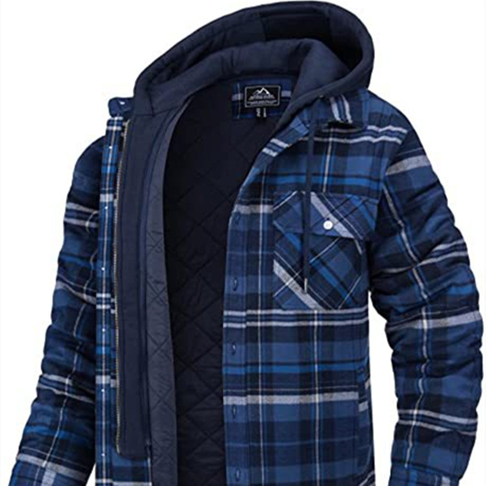 Abrigo de Cuadros con Capucha para Hombre, Chaqueta Cálida de Invierno con Botones y Cremallera, Moda Casual Gruesa Acolchada de Manga Larga, Ropa de Abrigo