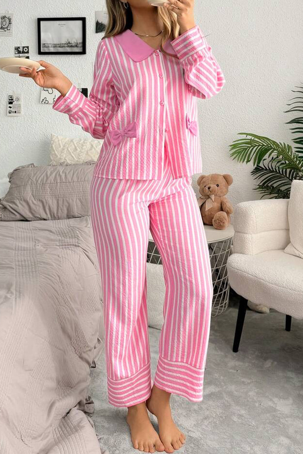 Conjunto de pijama de pantalón y jersey con cuello Peter Pan, lazo dulce y rayas rosadas