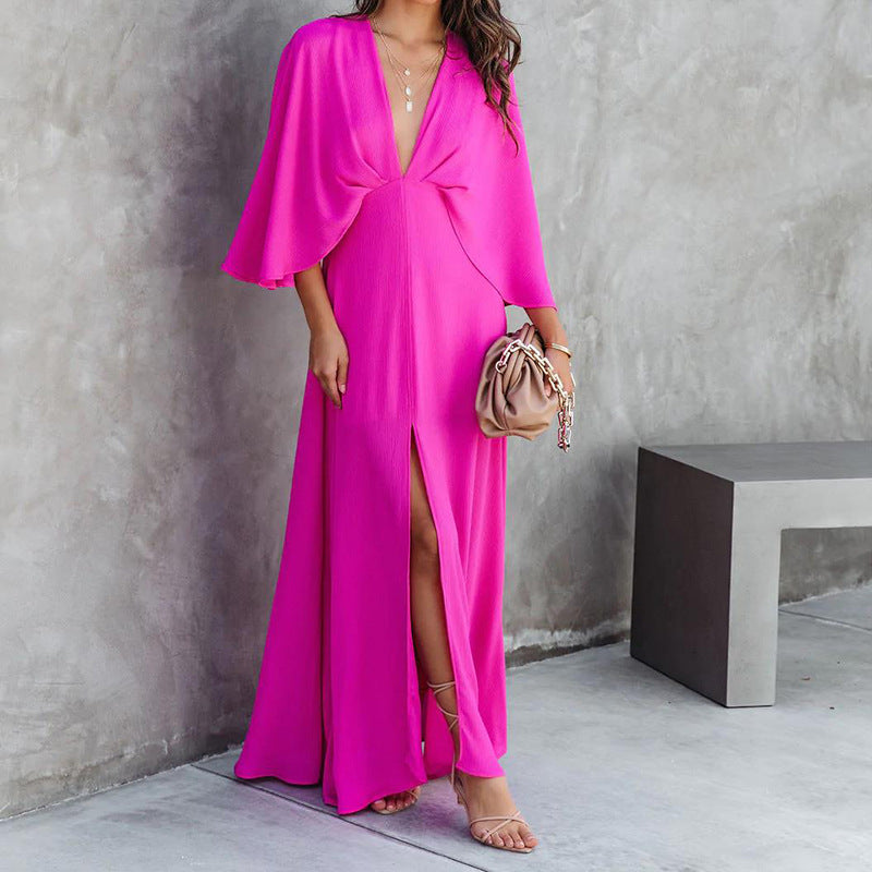 Women's Solid Color And V-neck Bat Sleeve High Waist Dress See size chart under “more details”
