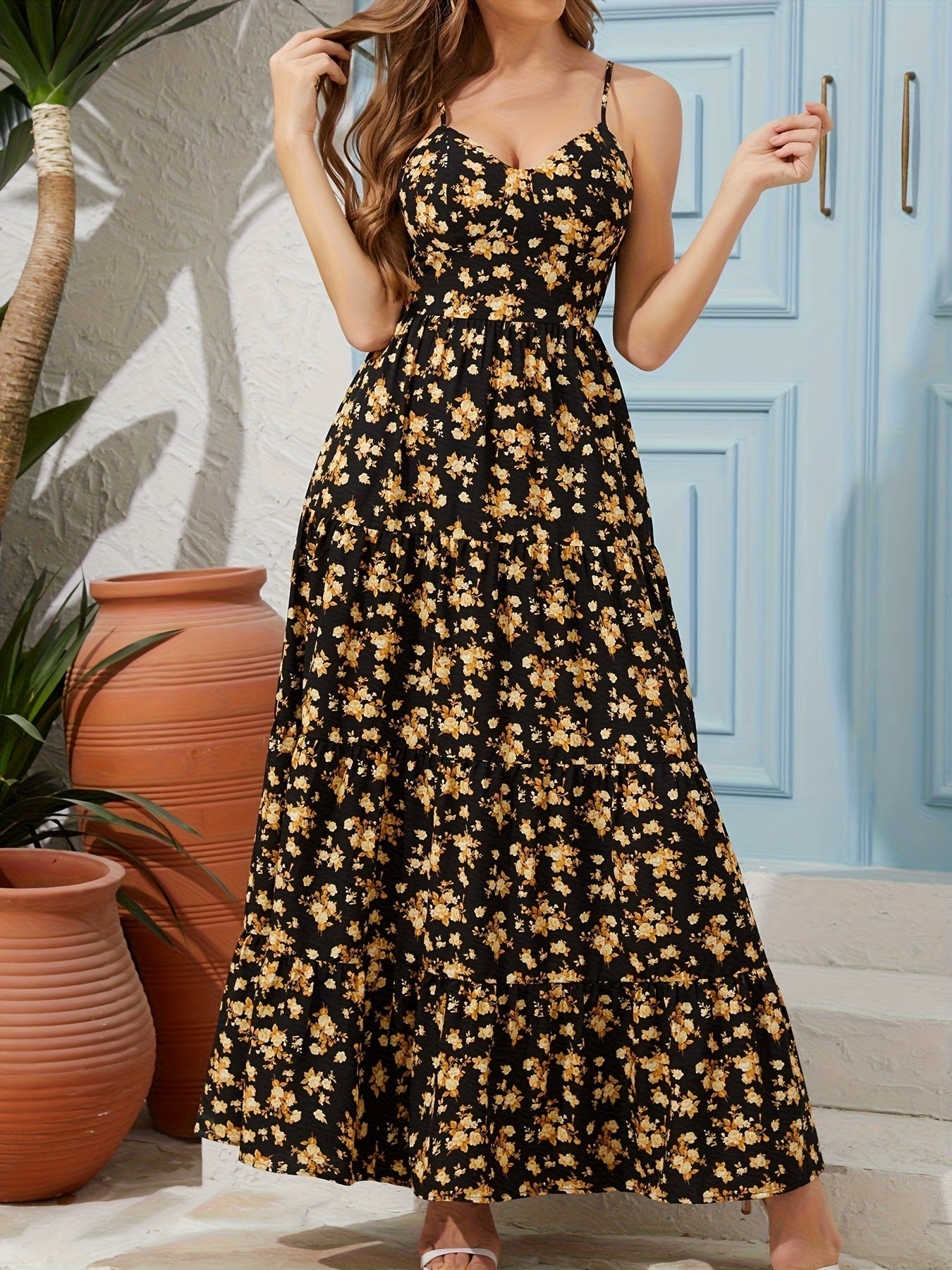 Maxivestido floral sin espalda para mujer – Vestido de tirantes con lazo y falda fluida