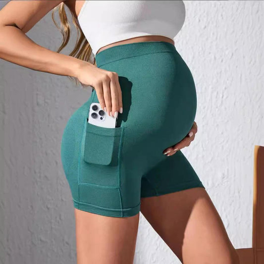 Pantalones cortos de bolsillo para embarazadas europeos y americanos, pantalones cortos de yoga deportivos de cintura alta para soporte de vientre, novedad de verano de 2024, para mujeres embarazadas