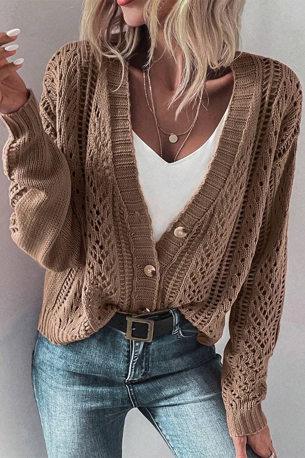 Cotton Blend Openwork Cardigan by Trendsi | Peacock Blue