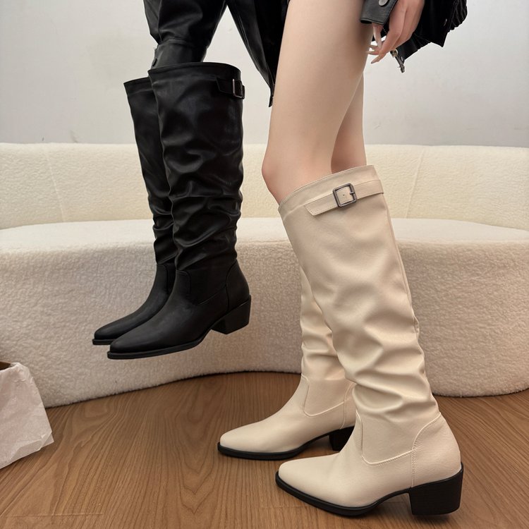 Sharp Pointed Long Tube Women's Boots Pile Up Boots, Black, Slim, Tall, Thick Heeled Knight Boots