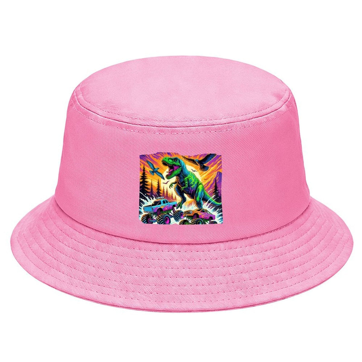 Giant Dinosaur Stomping Trucks Design Kid's Bucket Hat | Ships from USA