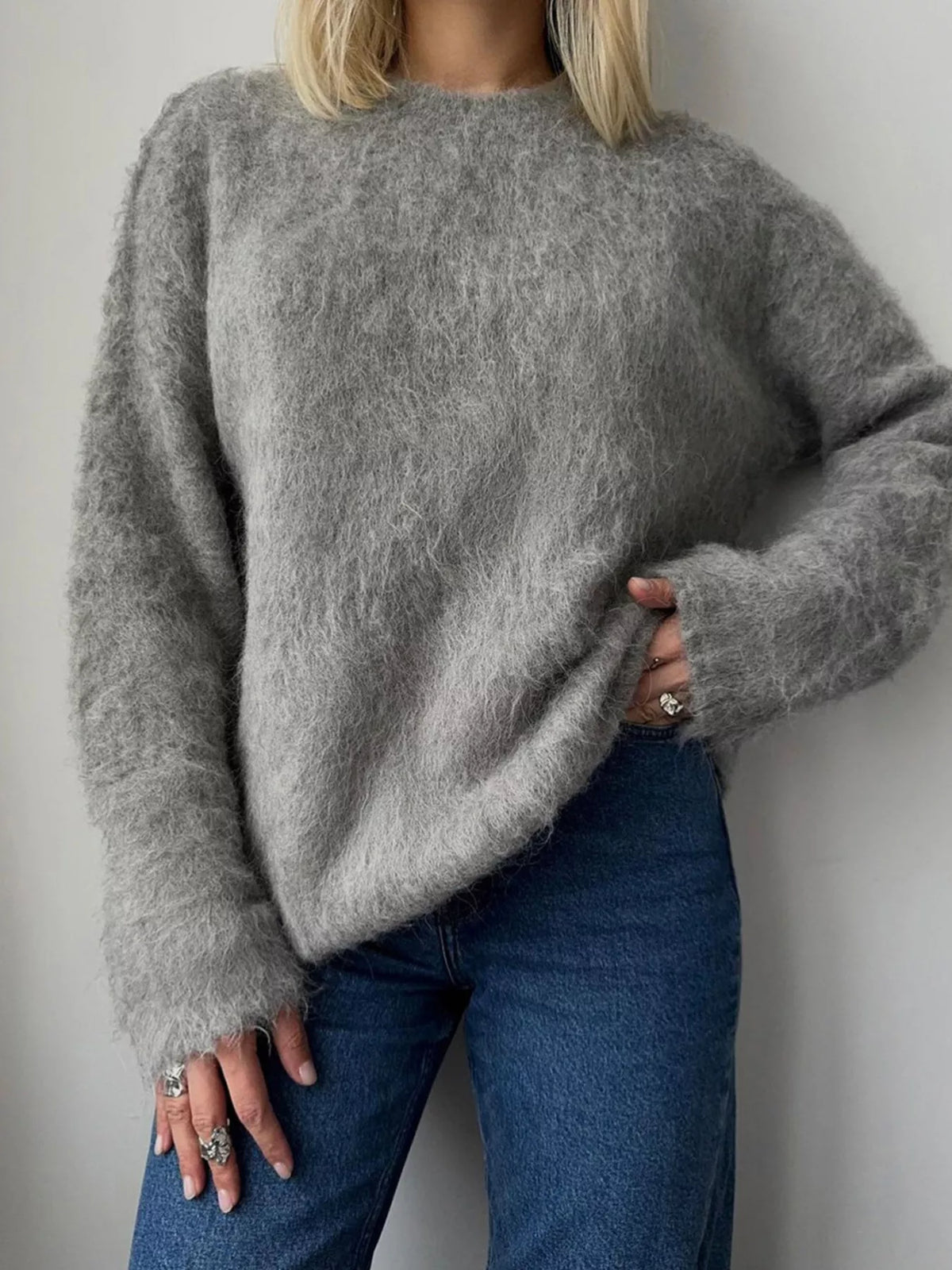 Fuzzy Round Neck Long Sleeve Sweater