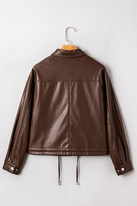 Leather Drawstring Hem Pocketed Jacket See size chart under “more details”