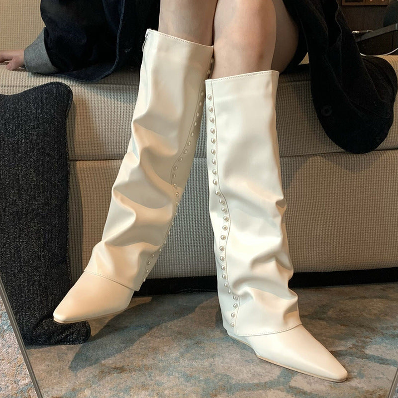 Pointed-toe Wedge High-top Thigh-high Boots